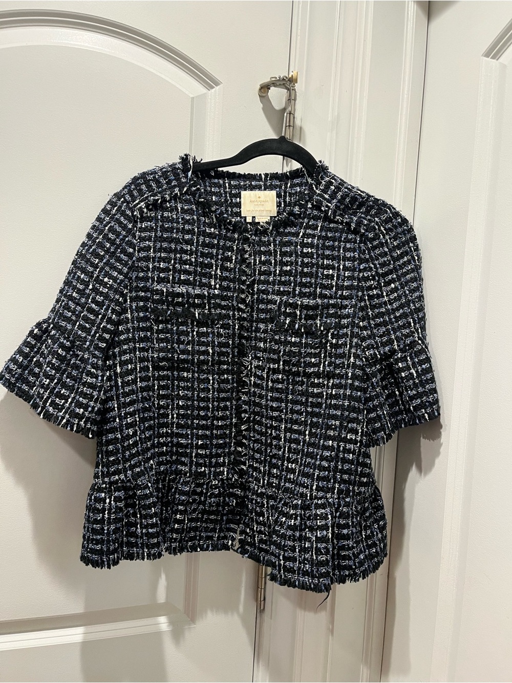 kate spade navy and white tweed short sleeve jacket